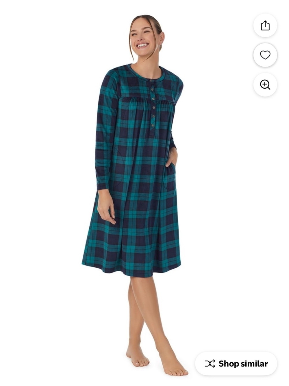 Aria Collection Plaid Velour Ballet Nightgown Long Sleeve Button Front Green L